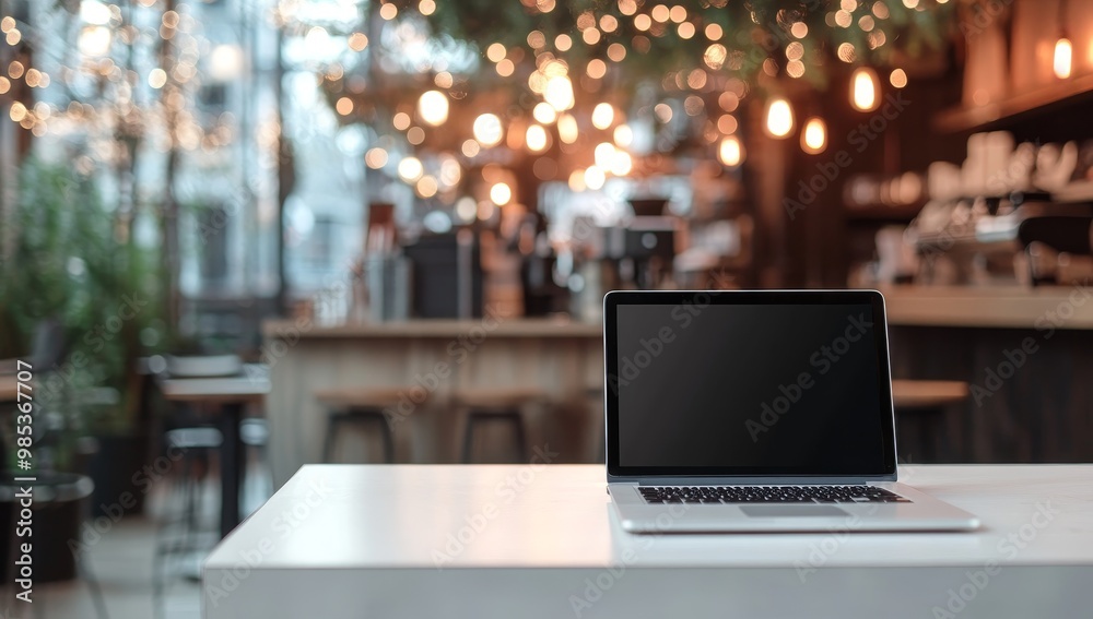 Aufkleber A laptop with a blank screen sits on a white table in a cafe with a blurred background of lights and a bar.