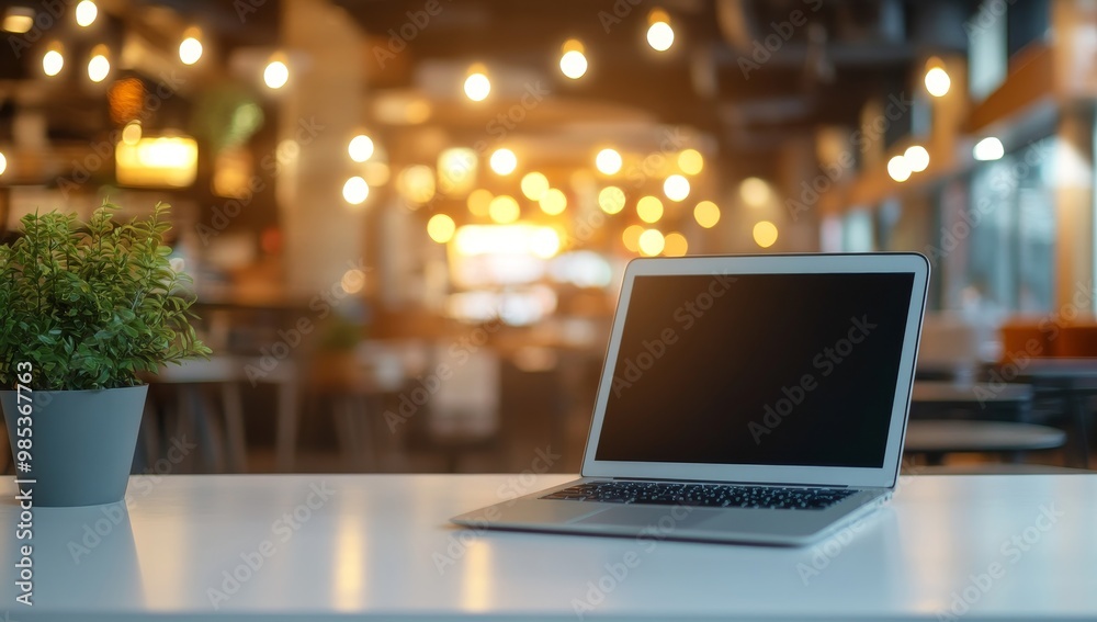 Poster A laptop computer sits on a white table in a cafe with a potted plant in front. The cafe is blurred in the background with warm light.
