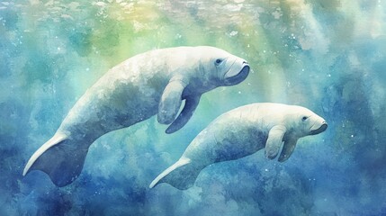 Watercolor Painting of Two Manatees Swimming in Blue Water