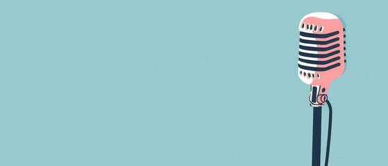 A pink microphone is on a blue background