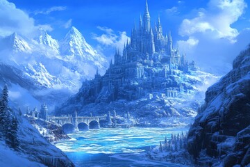 A castle is shown in the snow with a bridge in front of it