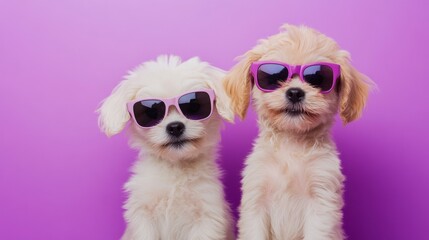 Obraz premium Puppies in stylish sunglasses on a bold purple background, perfect for commercial or social media content with room for text
