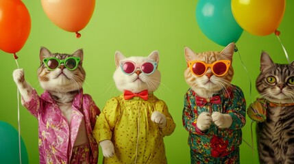 Scottish Fold cats dressed in colorful, wacky outfits, posing on a neon green background with balloons, ideal for birthday invites.