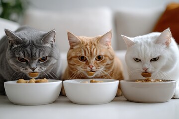 Three cats are eating from three bowls of food