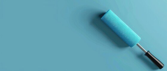 Fototapeta premium A blue paint roller with a black handle is on a blue background