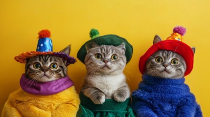 Fototapeta premium Scottish Fold cats in wild, colorful costumes against a vibrant yellow backdrop, perfect for party invitations or fun advertisements.