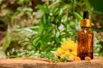 aromatherapy bottle with oil for homeopathic medicine or herbal medicine. Massage Oils. Natural cosmetics, skin care product in brown glass bottle on wood. Bottle with floral essential oil, close up 