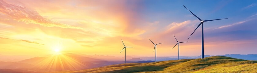 Fototapeta premium Wind Turbines in the Sunset Landscape with Mountains