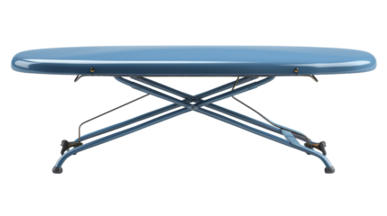 blue ironing board with a metal frame is shown
