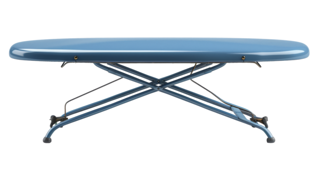 blue ironing board with a metal frame is shown