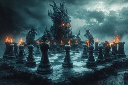 A dark and ominous chess board with a skull and fire surrounding it
