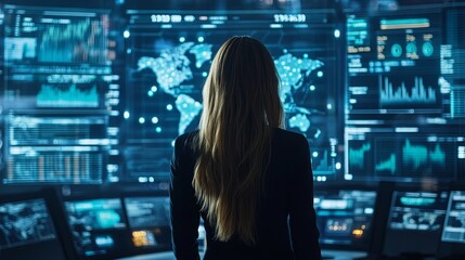 Woman Analyzing Data on Multiple Monitors in a Dark Room