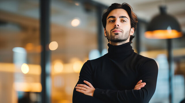 Angel investor with halo evaluating startup pitch, serene smile in soft morning light, entrepreneurial success concept