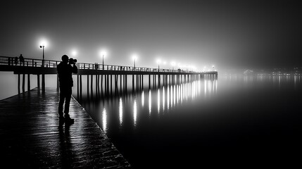Naklejka premium A lone photographer stands silhouetted on a foggy pier at night, capturing the mysterious scene.