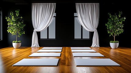 A minimalist yoga studio, with white mats and plants, offers a peaceful and harmonious space.