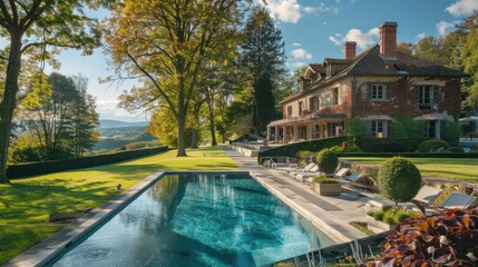 Obraz premium A large brick house with a pool and a lush green lawn