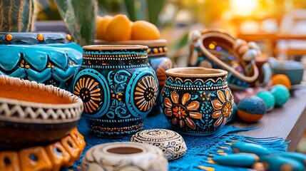Handcrafted ceramic pottery with intricate patterns and bold colors showcases vibrant artistry.