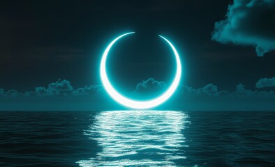 A glowing blue crescent moon sits above a still dark blue sea.