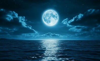 A full moon shines over a calm ocean at night, with a few stars and clouds in the sky.