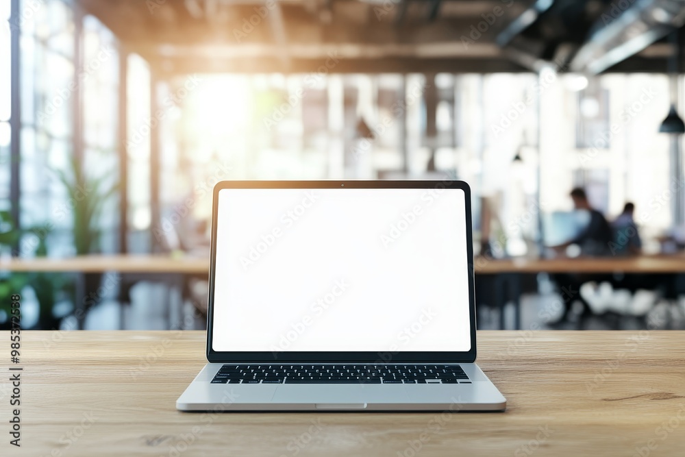 Poster A laptop with a blank screen sits on a wooden table in a modern office setting with blurred background.
