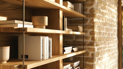 Obraz premium A wooden bookshelf with a variety of books and a bowl on the top shelf
