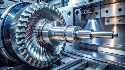 Turbine wheel part being produced on five-axis lathe machine, manufacturing, industry, engineering, precision