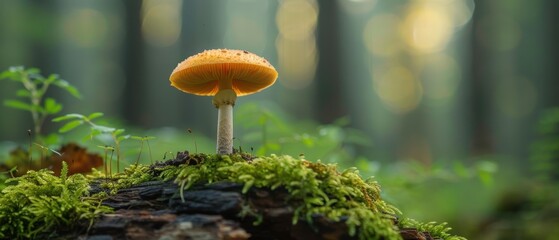 Vibrant Mushroom in a Misty Forest Setting