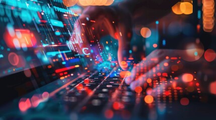 Obraz premium A person is typing on a computer keyboard with a bright blue background