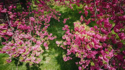 A beautiful view of cherry blossom trees in full bloom during spring, with delicate pink petals covering the branches against a bright blue sky 