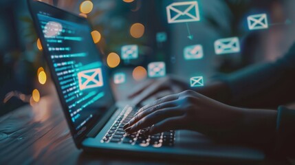 A person is typing on a laptop with a lot of emails on the screen