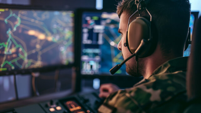 Pilot wearing headset, intently observing flight simulator screen with virtual cockpit and moving map, representing aviation training and skill enhancement in a professional setting