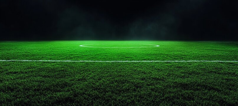 A soccer field with white lines and a center circle, illuminated by a spotlight against a dark background.