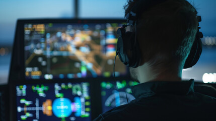 Pilot wearing headset, intently observing flight simulator screen with virtual cockpit and moving map, representing aviation training and skill enhancement in a professional setting