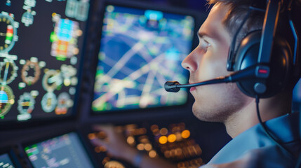 Pilot wearing headset, intently observing flight simulator screen with virtual cockpit and moving map, representing aviation training and skill enhancement in a professional setting