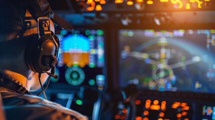 Pilot wearing headset, intently observing flight simulator screen with virtual cockpit and moving map, representing aviation training and skill enhancement in a professional setting