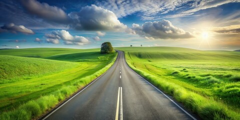Endless road winding through lush green grassland, nature, landscape, countryside, endless, serene, scenic, peaceful