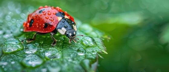 Obraz premium Detailed View of Ladybug on Dewy Leaf