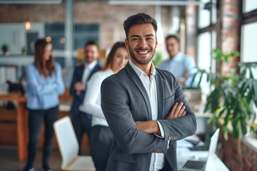 Young businessman stands smiling at the camera in office setting. Group of diverse professionals work together in corporate environment. Handsome manager leads team brainstorming session.