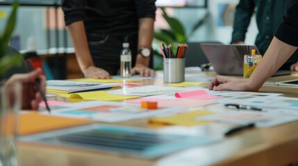 A group of people are gathered around a table with a lot of papers and pens