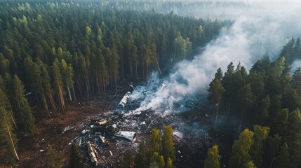 Aerial view of a forest area with smoke rising from a site, indicating a fire or destruction among the trees.