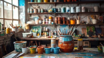 Fototapeta premium A messy art studio with a variety of paint colors and brushes