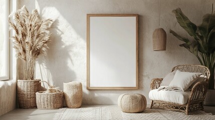 Stylish Boho-Style Photo Frame Mockup in Modern Natural Interior Setting