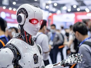 A bustling tech conference in Shenzhen, China, showcasing the latest innovations in robotics, artificial intelligence, and drones