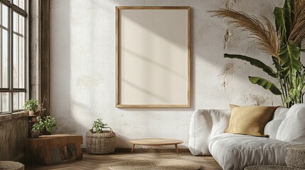 Stylish Boho-Style Photo Frame Mockup in Modern Natural Interior Setting