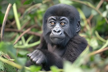 Obraz premium Baby gorilla in Uganda forest. Close-up shot of young primate in natural habitat. Baby gorilla plays with leaves in daylight, surrounded by green plants. Animal curiosity, energy evident in behavior.
