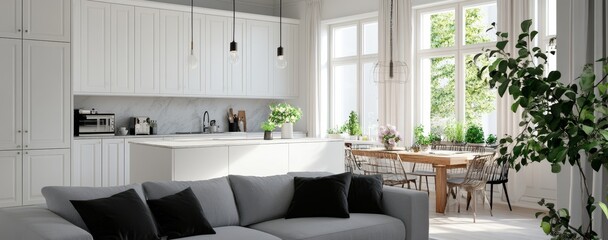 Modern living room with white cabinets, gray sofa, and dining table with chairs.