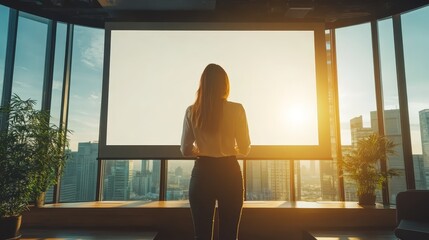 Woman Looking Out Window at City Skyline During Sunset