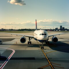 Delta Airlines plane taxis on airport runway in Boston. Aerial view of passenger jet at aerodrome. White plane moves slowly on tarmac. Travelers wait for flight departure.
