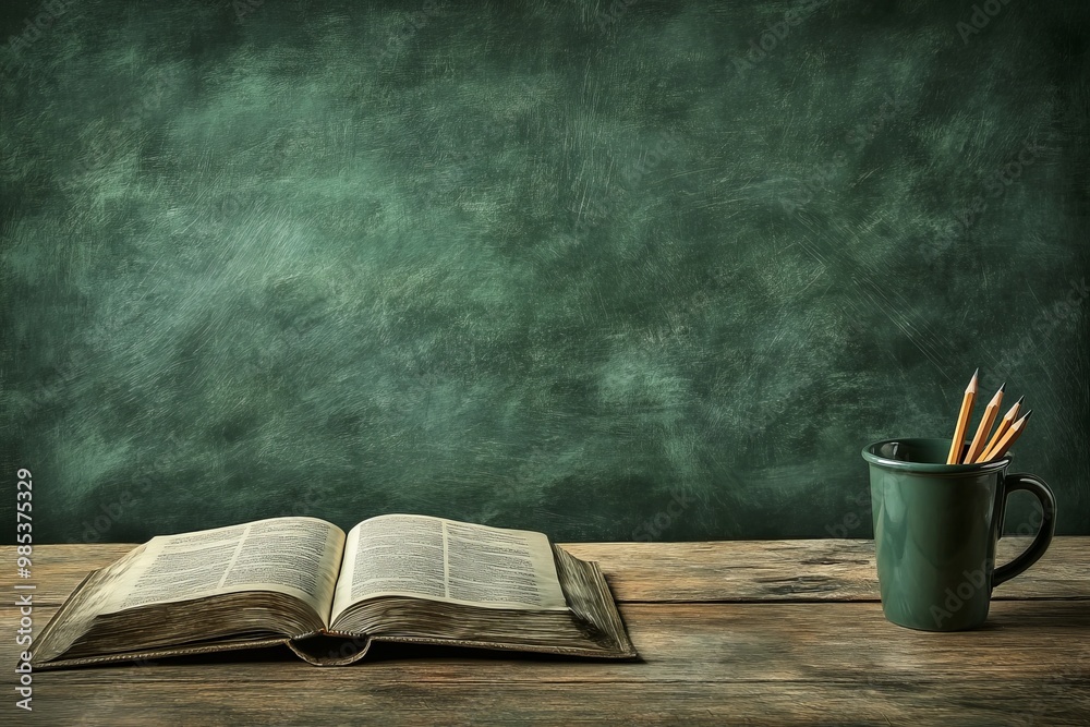 Poster an open book lays on a wooden table in front of a textured green chalkboard. there is a mug with pen
