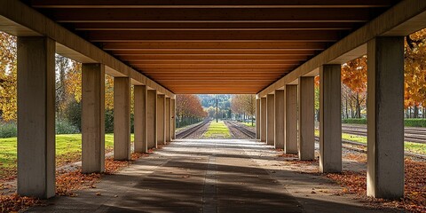 A photo of an empty pedestrian underpass with wooden beams and concrete walls